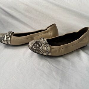 AGL Tan Leather Flats Featuring Snake Print Cap Toe & Silver Tone Hardware